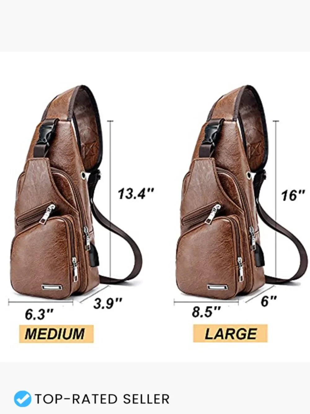 Leather Sling Bag Crossbody Chest Backpack for Men with USB Charge Port Large